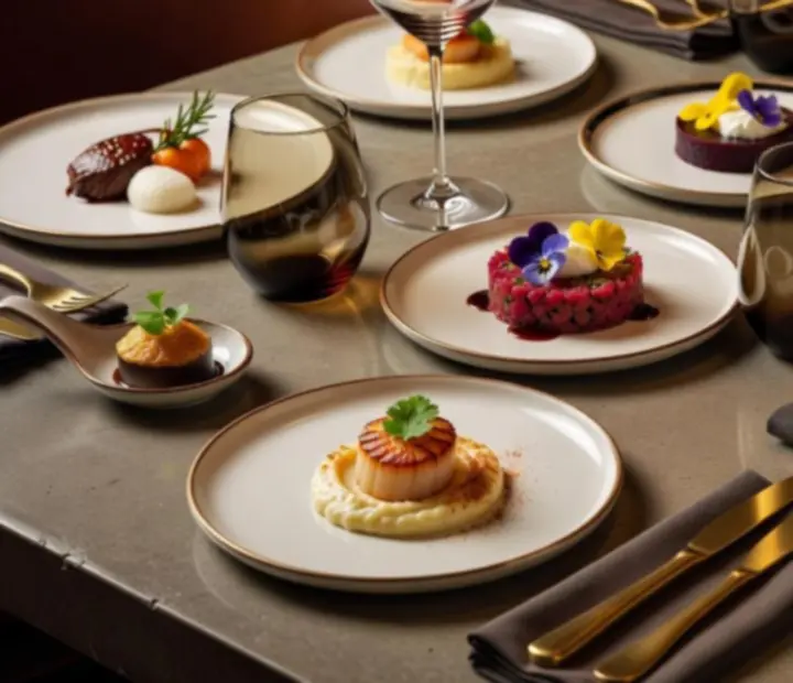 An elegant chef's tasting menu arranged on a timber tabletop at StackAndSear