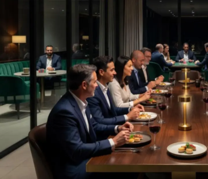 Corporate dining function at StackAndSear with long table, elevated plating, and ambient lighting