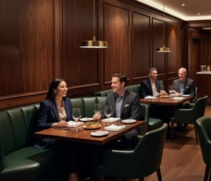 Luxurious dining interior with dark timber finishes and ambient lighting at StackAndSear