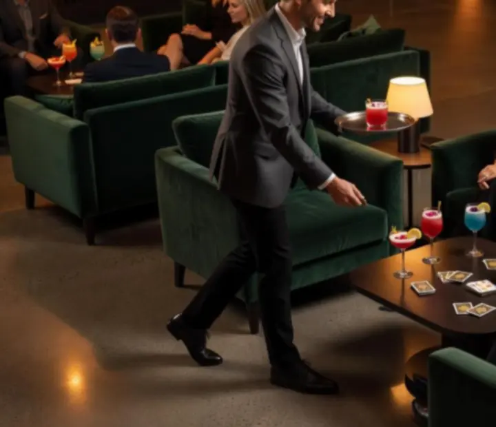 Cinematic hospitality photography of guests, dishes, and poker tables in the StackAndSear Lounge
