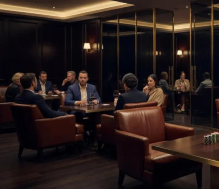 Cinematic evening view of the StackAndSear Lounge with guests dining and enjoying social poker