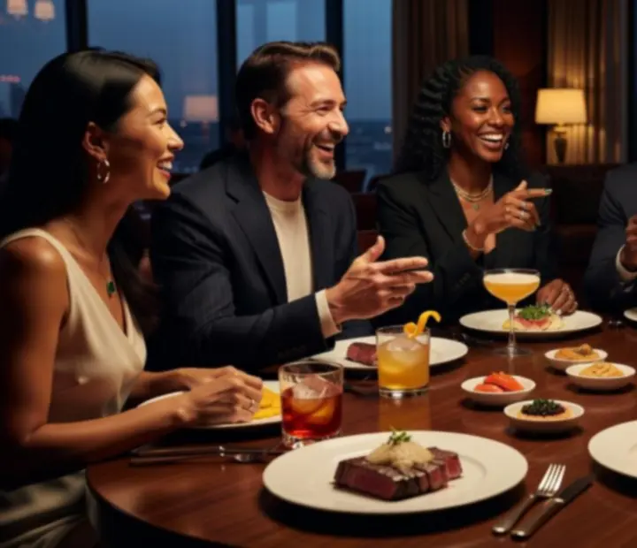 Guests at StackAndSear enjoying poker and gourmet dishes in a cinematic evening setting