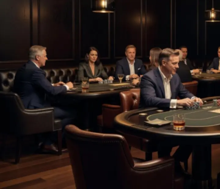 Elegant poker lounge at StackAndSear with players gathered around a professionally set poker table
