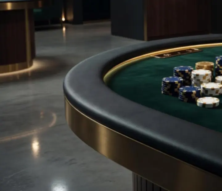 Detail of custom poker tables with chips and cards under warm architectural lighting at StackAndSear