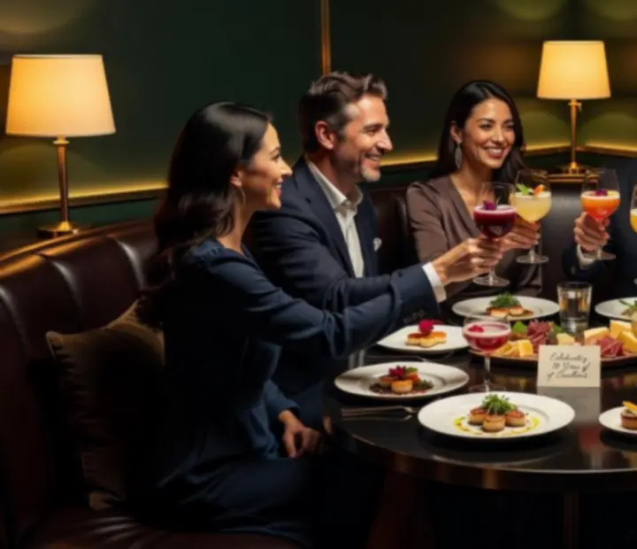 Private celebration in a sophisticated lounge with guests enjoying cocktails and soft lighting