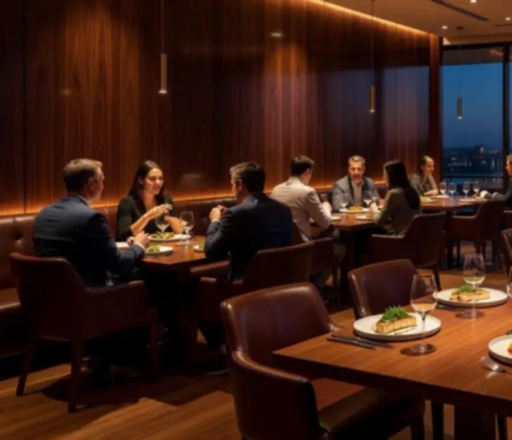 Signature modern Australian dining experience at StackAndSear with plush leather seating and warm architectural lighting