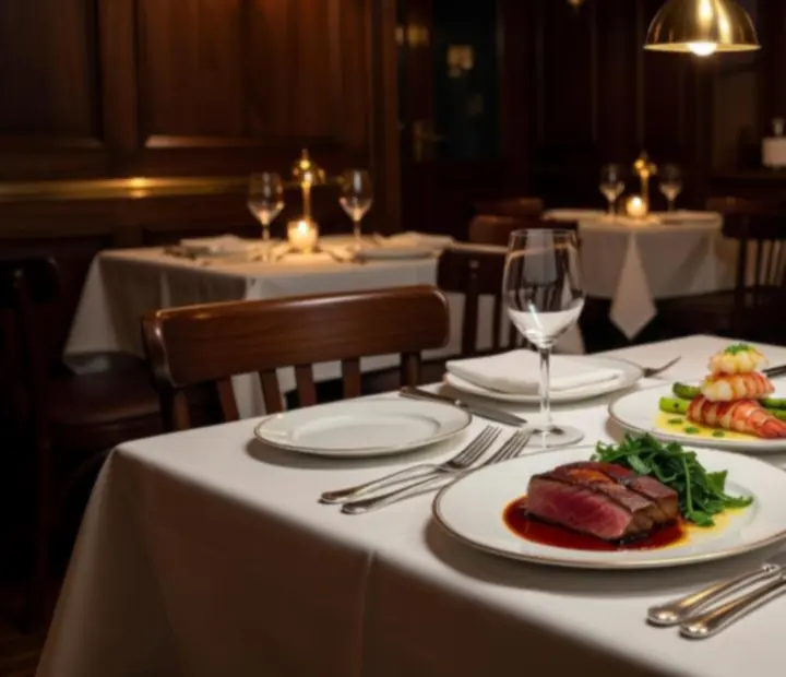 Signature contemporary Australian dishes plated in a cinematic evening restaurant setting