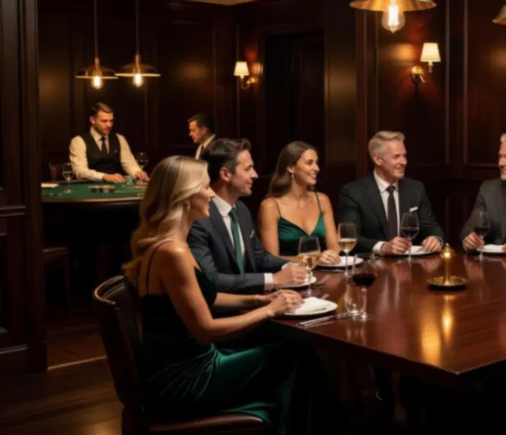 Cinematic evening event at StackAndSear with guests dining and enjoying poker in a softly lit lounge